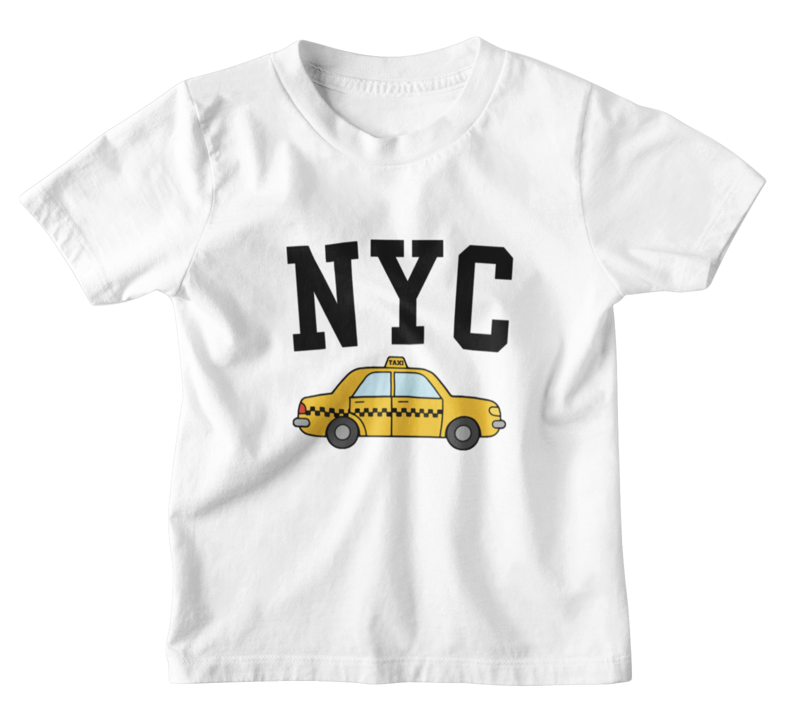 White kids t-shirt with 'NYC' and a taxi graphic on a white background