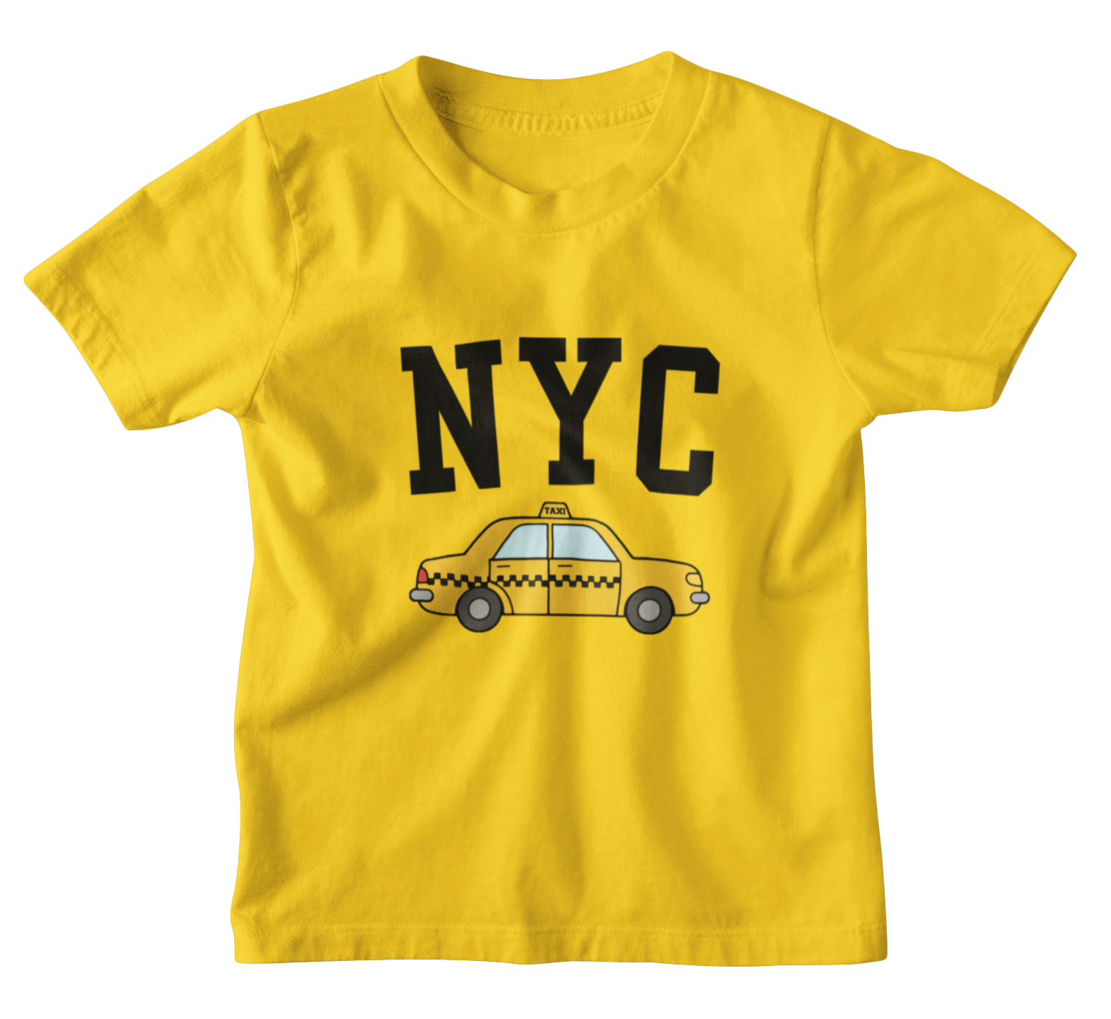 Yellow kids t-shirt with a taxi and 'NYC' text on a white background