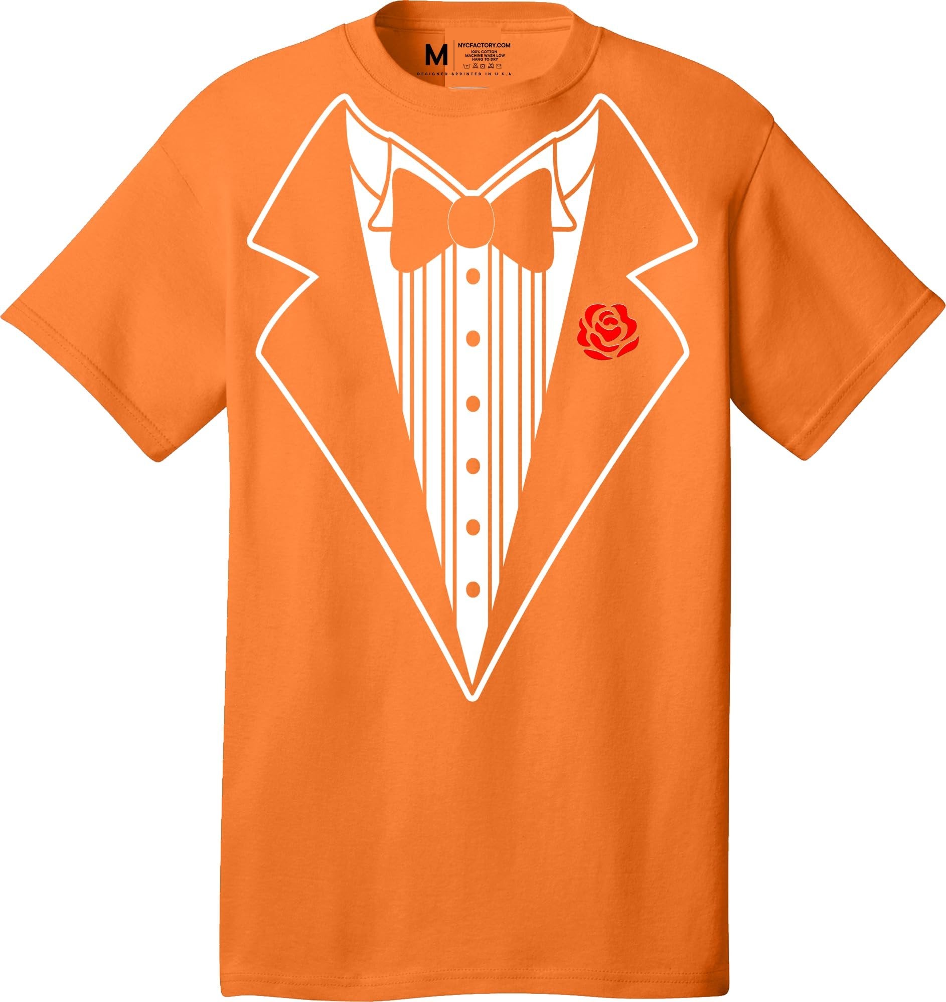 Men's Funny Tuxedo T-Shirt (Orange, Bowtie & Rose)