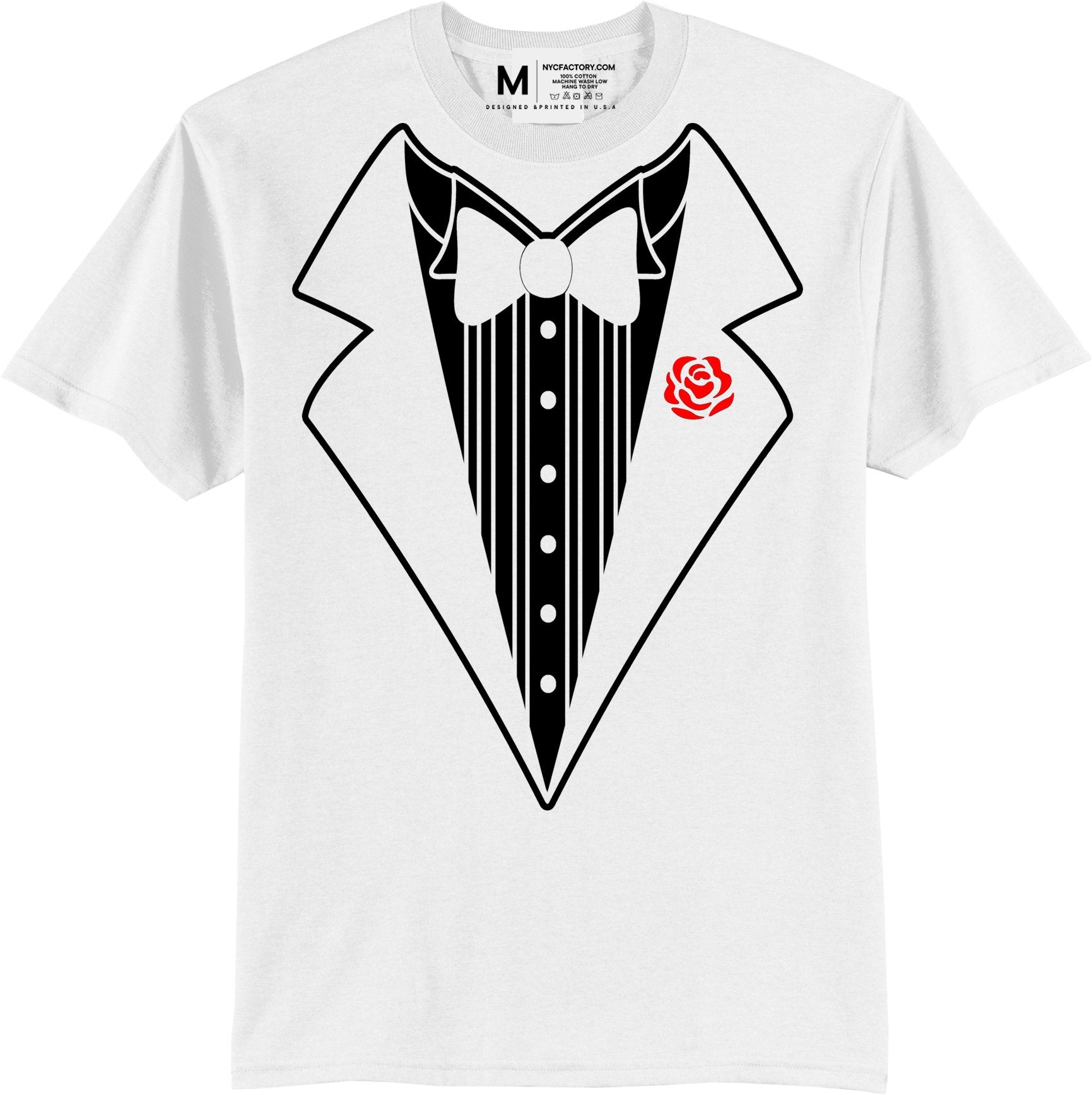 Men's Funny Tuxedo T-Shirt (White, Bowtie & Rose)