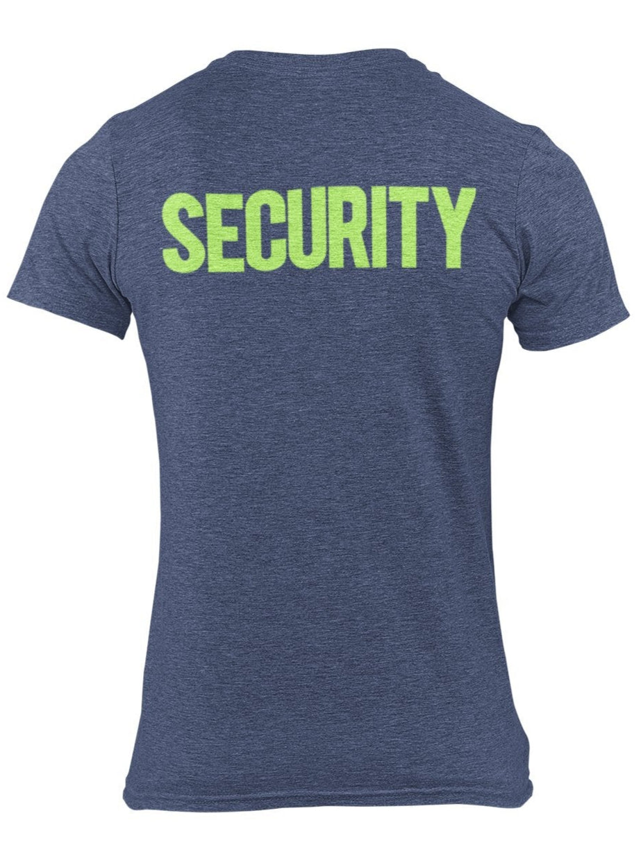 Security T-Shirt Front Back Print Men's Tee (Solid Design, Navy / Neon)