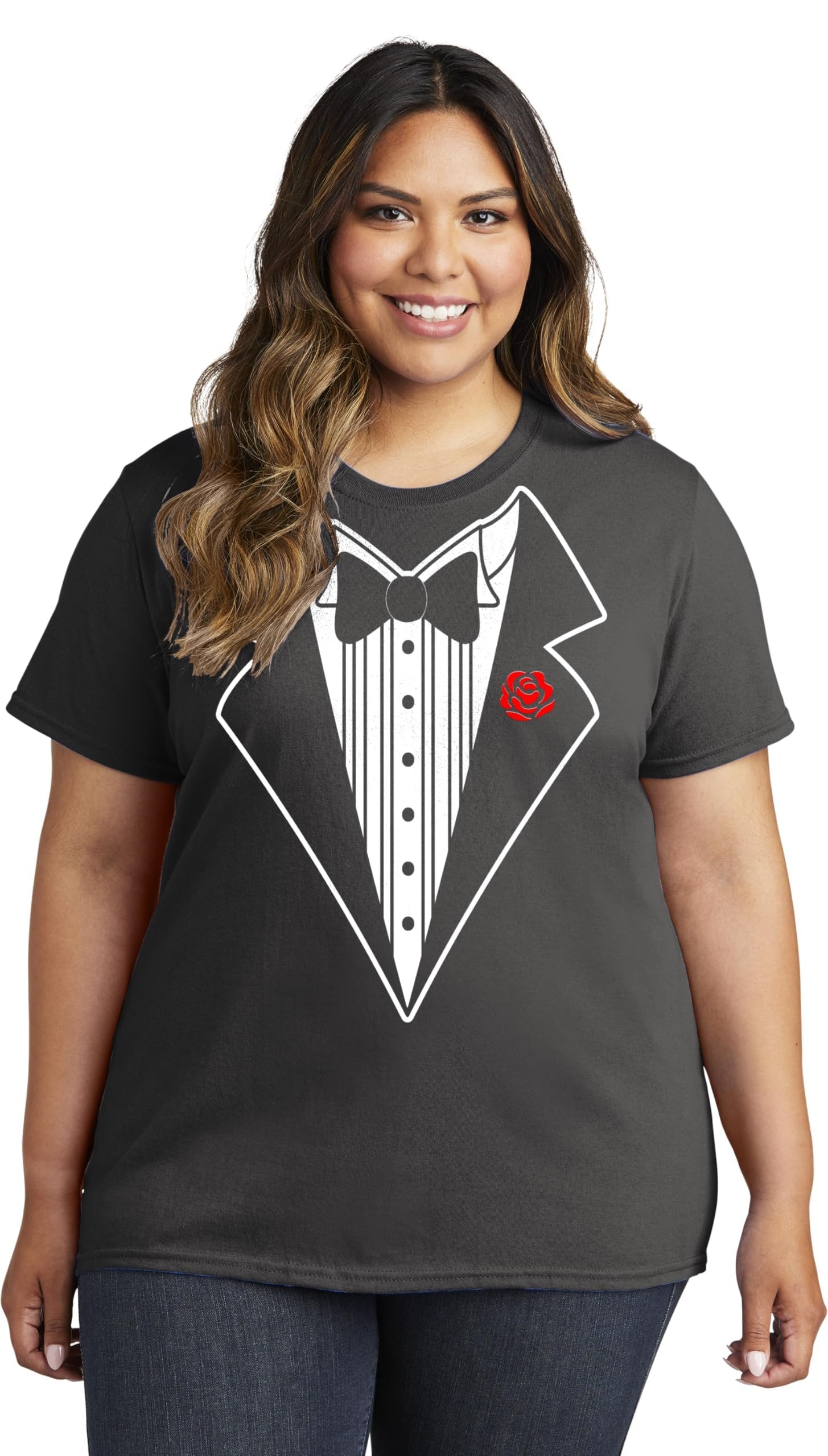 Ladies Faux Tuxedo T-Shirt (Charcoal & Rose)