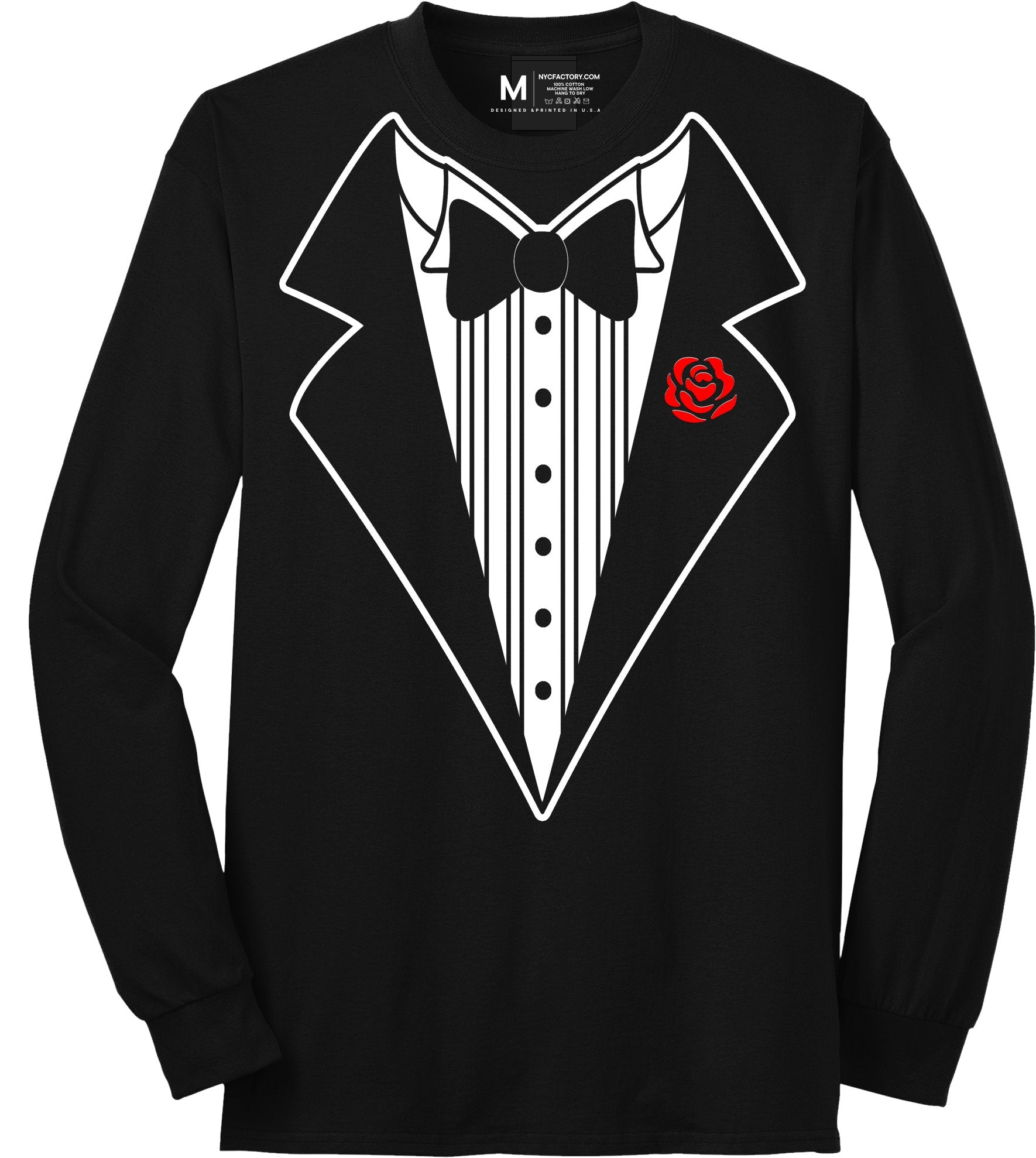 Men's Funny Tuxedo T-Shirt (Black, Long Sleeve, Bowtie & Rose)