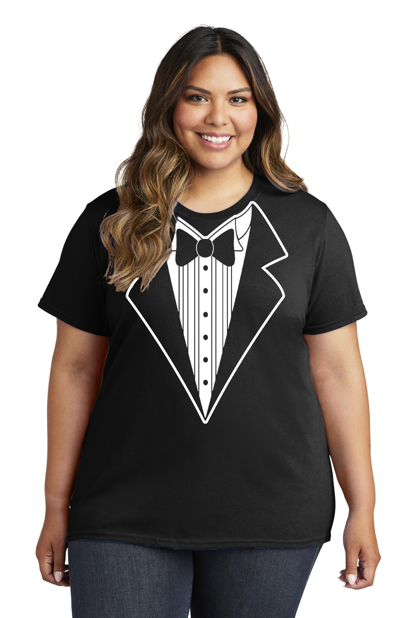 Ladies Faux Tuxedo T-Shirt (Black, Bowtie)