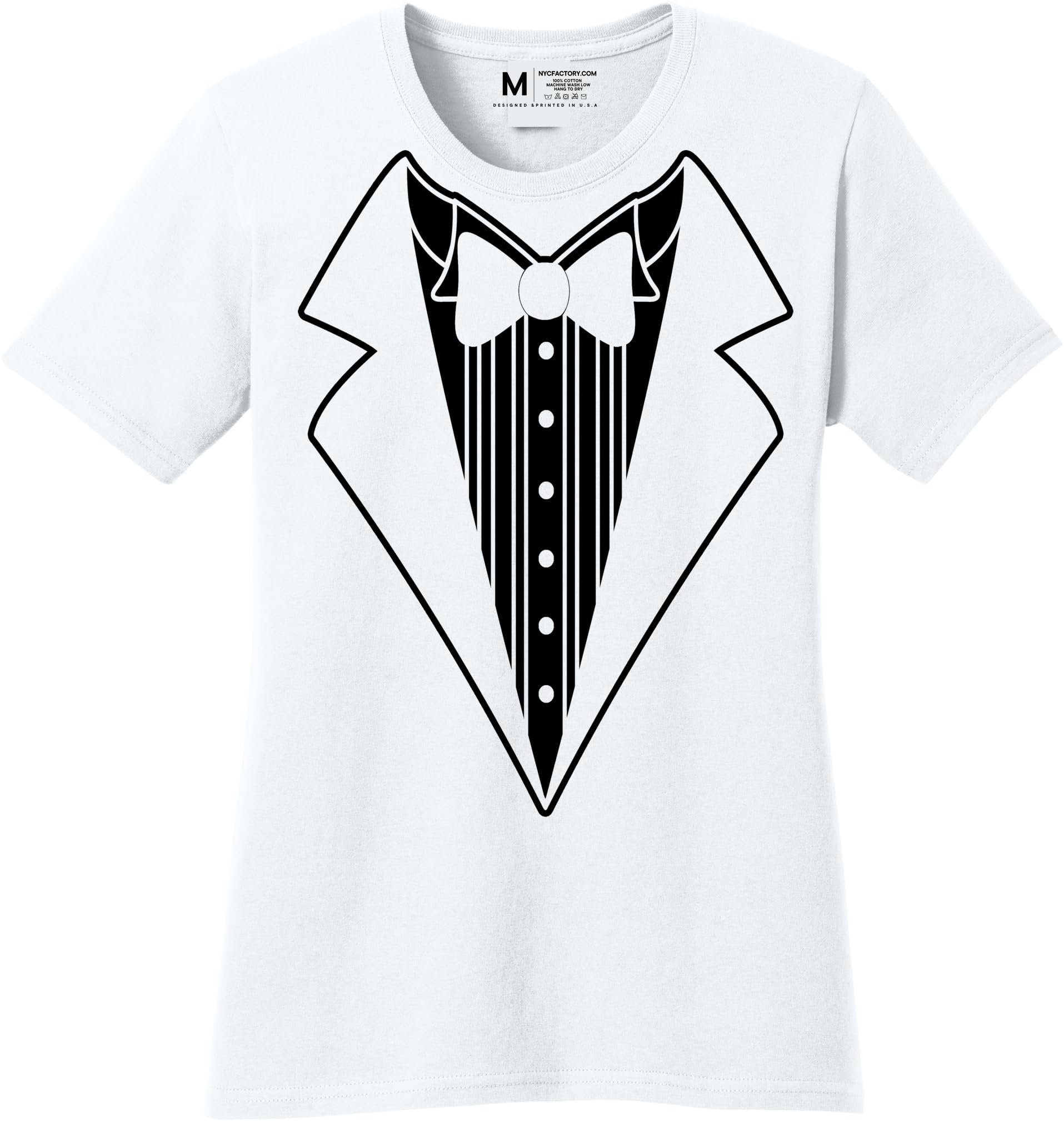 Ladies Faux Tuxedo T-Shirt (White, Bowtie)