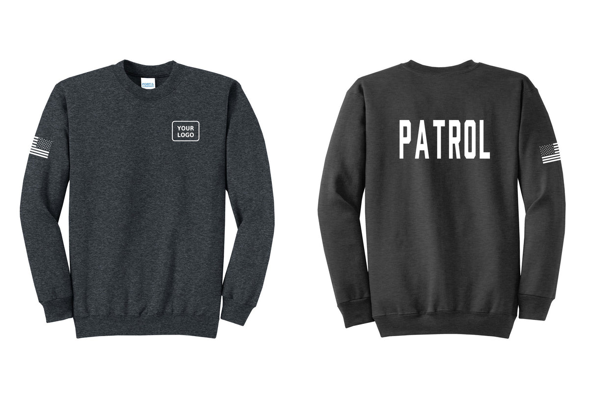 NYC Factory Custom Logo Patrol Cotton Fleece Crewneck Sweatshirt (Classic) - Your Logo + Back + US Flag Sleeve - Dark Heather Grey