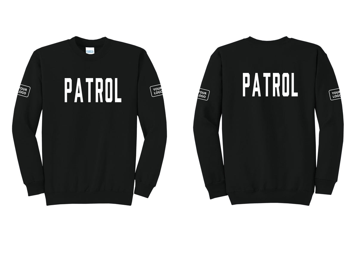 NYC Factory Custom Logo Patrol Cotton Fleece Crewneck Sweatshirt (Classic) - Front + Back + Your Logo Sleeves - Black