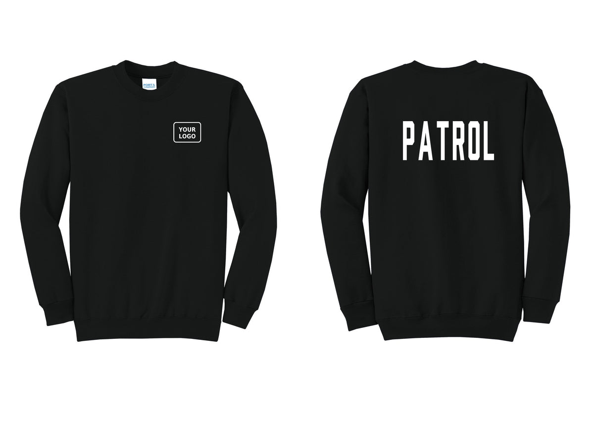 NYC Factory Custom Logo Patrol Cotton Fleece Crewneck Sweatshirt (Classic) - Your Logo + Back - Black
