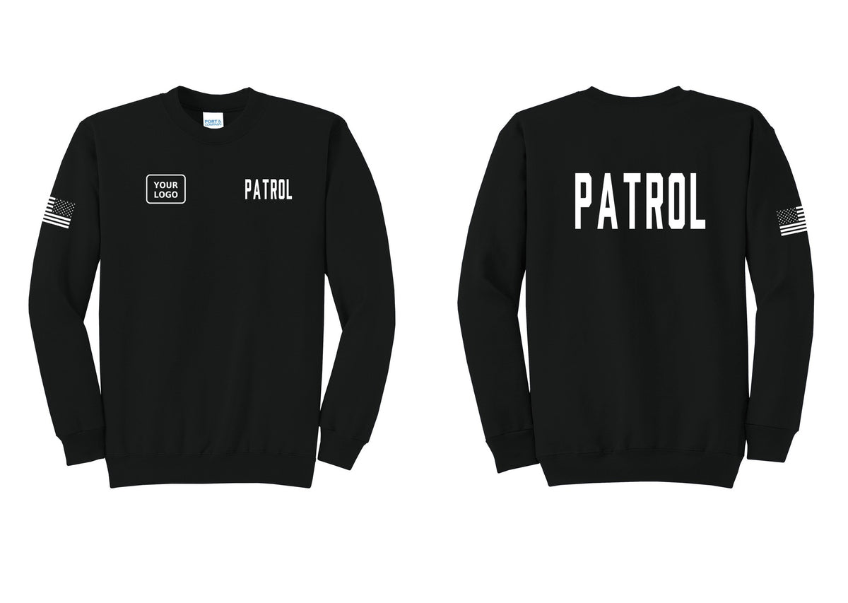 NYC Factory Custom Logo Patrol Cotton Fleece Crewneck Sweatshirt (Classic) - PATROL + Your Logo + Back + US Flag Sleeve - Black