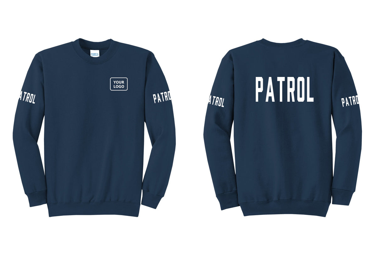 NYC Factory Custom Logo Patrol Cotton Fleece Crewneck Sweatshirt (Classic) - Your Logo + Back + Patrol Sleeves - Navy
