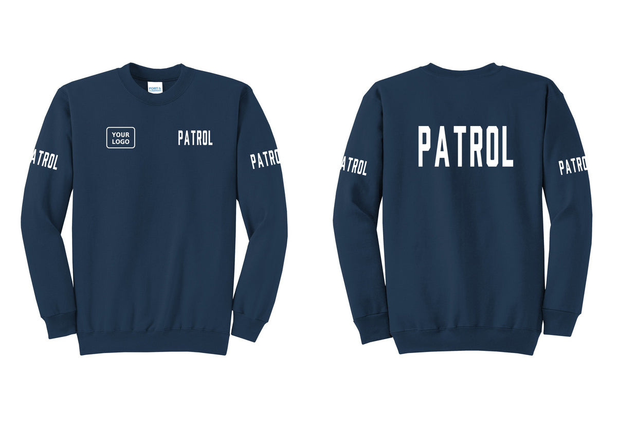 NYC Factory Custom Logo Patrol Cotton Fleece Crewneck Sweatshirt (Classic) - PATROL + Your Logo + Back + Patrol Sleeves - Navy