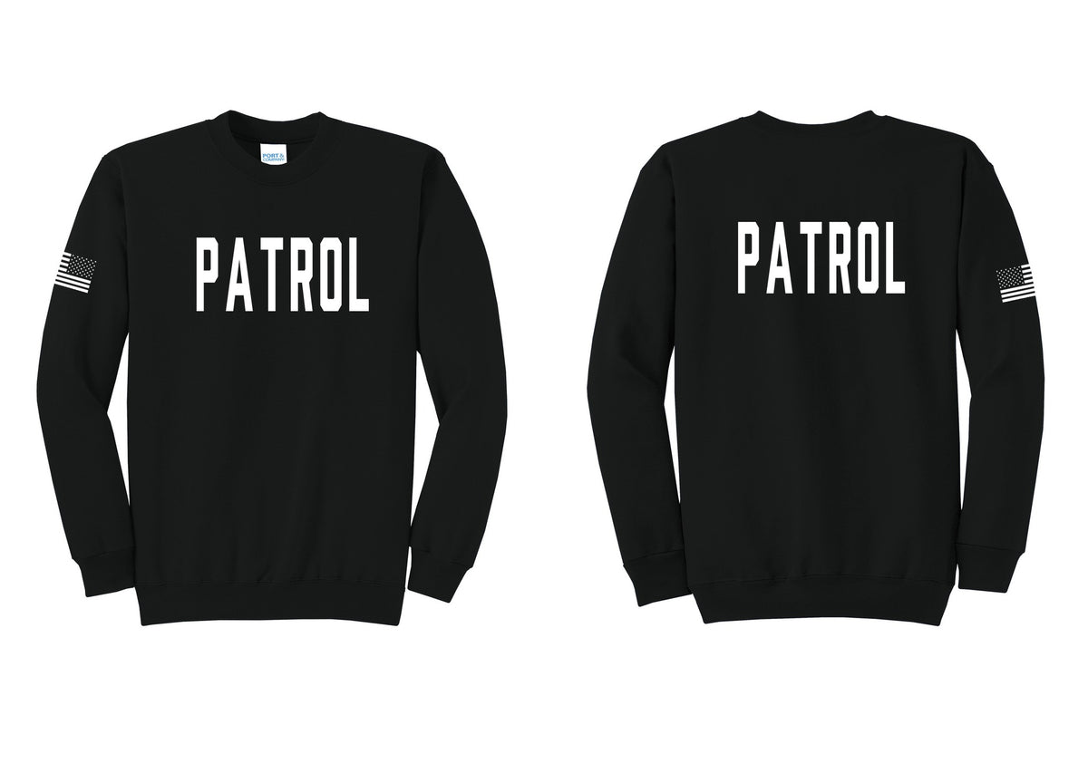 NYC Factory Patrol Cotton Fleece Crewneck Sweatshirt (Classic) - Front + Back + US Flag Sleeve - Black