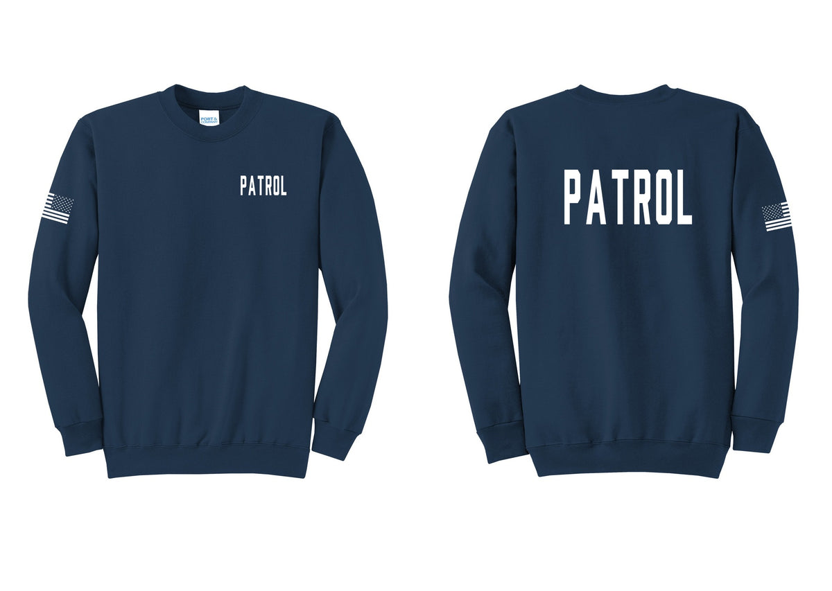 NYC Factory Patrol Cotton Fleece Crewneck Sweatshirt (Classic) - Chest + Back + US Flag Sleeve - Navy