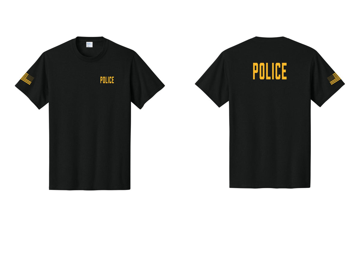 NYC Factory Police T-Shirt, Condensed Lettering - Chest + Back + US Flag Sleeve - Black / Gold