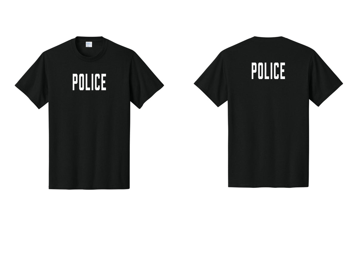 NYC Factory Police T-Shirt, Condensed Lettering - Front + Back - Black