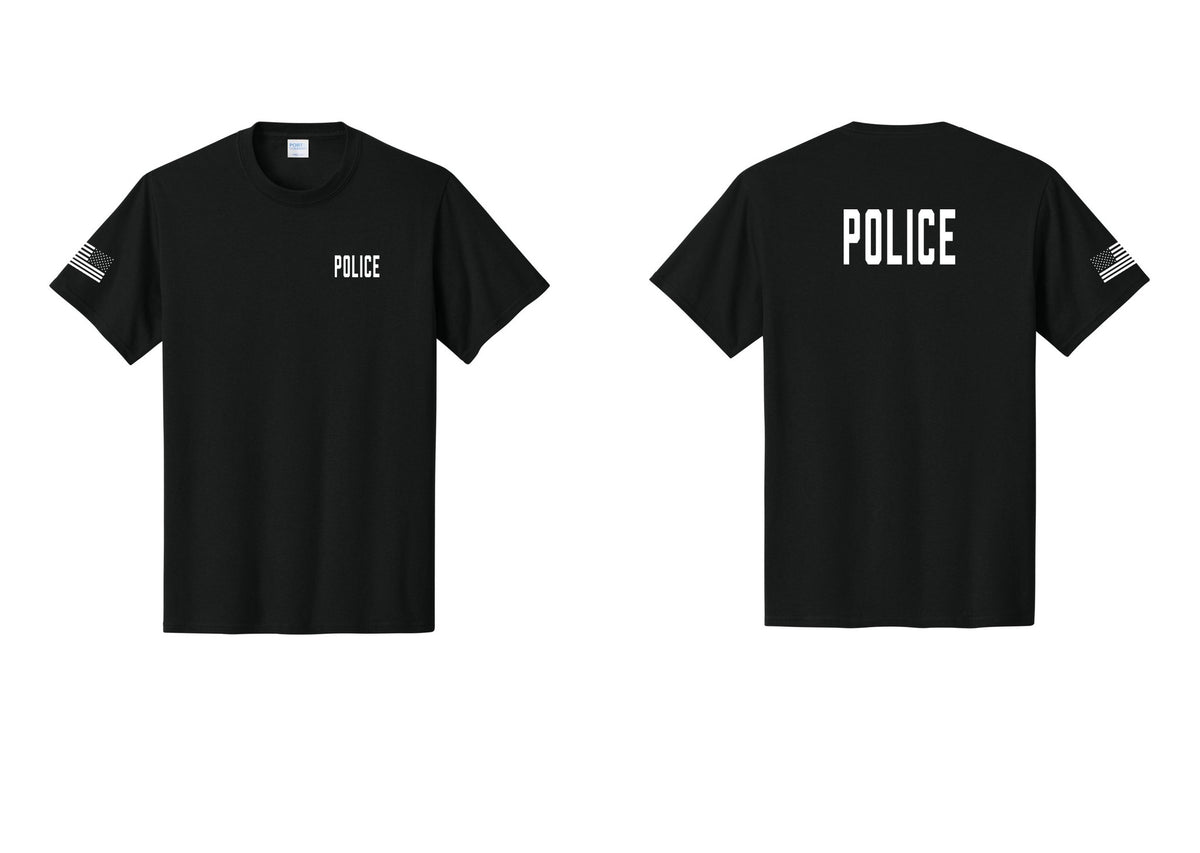 NYC Factory Police T-Shirt, Condensed Lettering - Chest + Back + US Flag Sleeve - Black