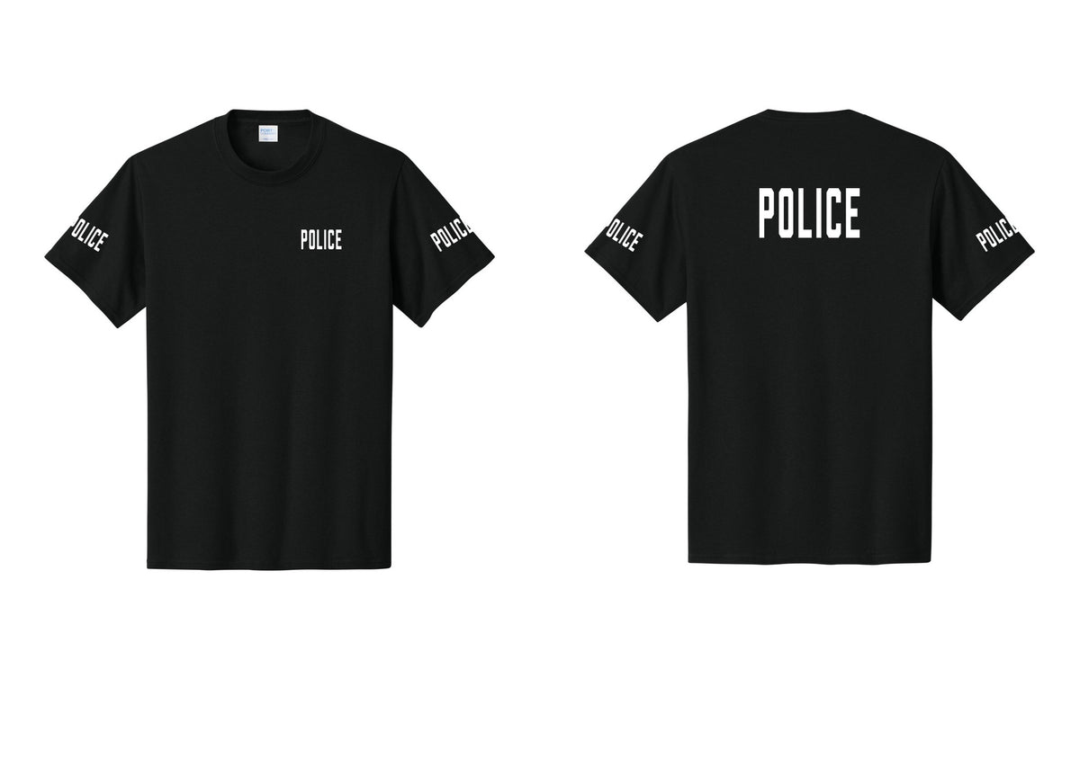 NYC Factory Police T-Shirt, Condensed Lettering - Chest + Back + Police Sleeves - Black