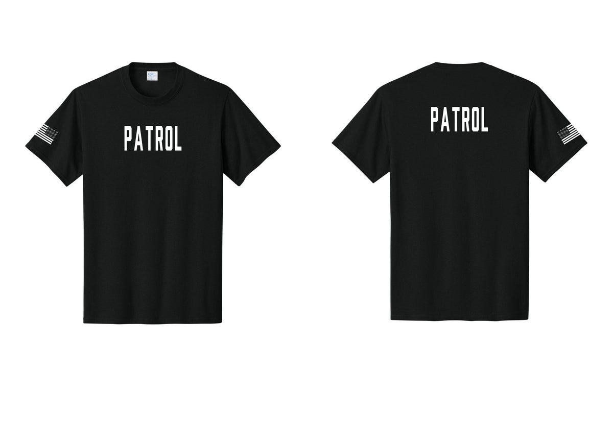 NYC Factory Patrol T-Shirt for Security & Event Teams (Classic) - Front + Back + US Flag Sleeve - Black