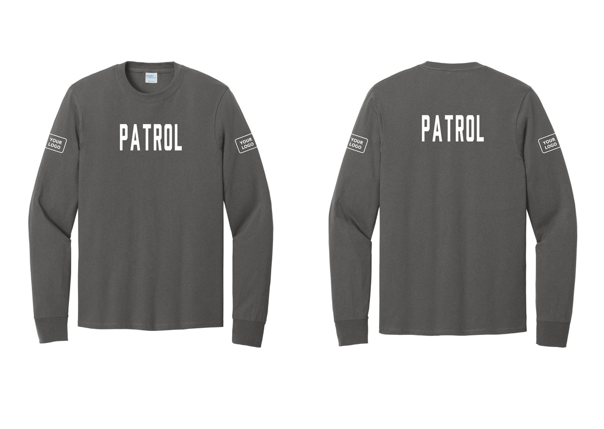 NYC Factory Custom Logo Patrol Cotton Long Sleeve T-Shirt (Classic) - Front + Back + Your Logo Sleeves - Charcoal
