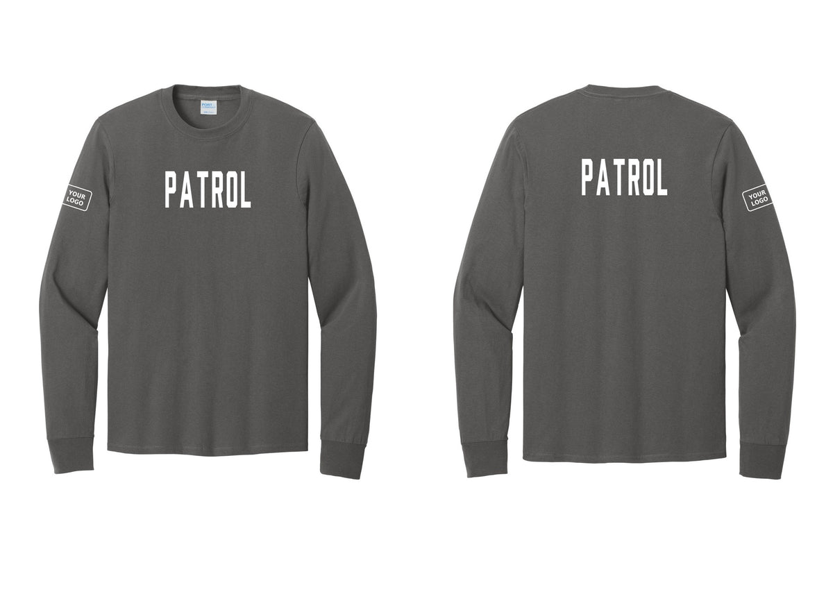 NYC Factory Custom Logo Patrol Cotton Long Sleeve T-Shirt (Classic) - Front + Back + Your Logo Sleeve - Charcoal