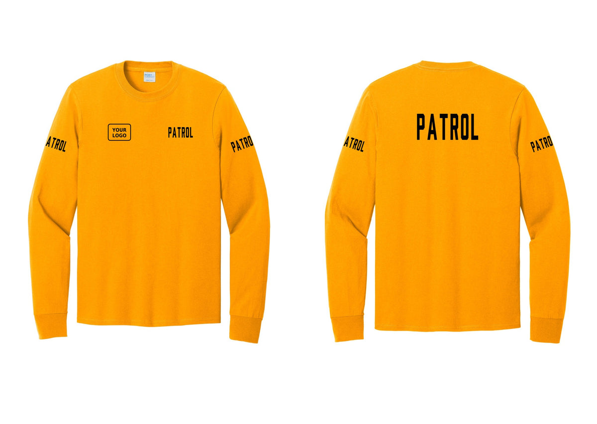 NYC Factory Custom Logo Patrol Cotton Long Sleeve T-Shirt (Classic) - PATROL + Your Logo + Back + Patrol Sleeves - Gold
