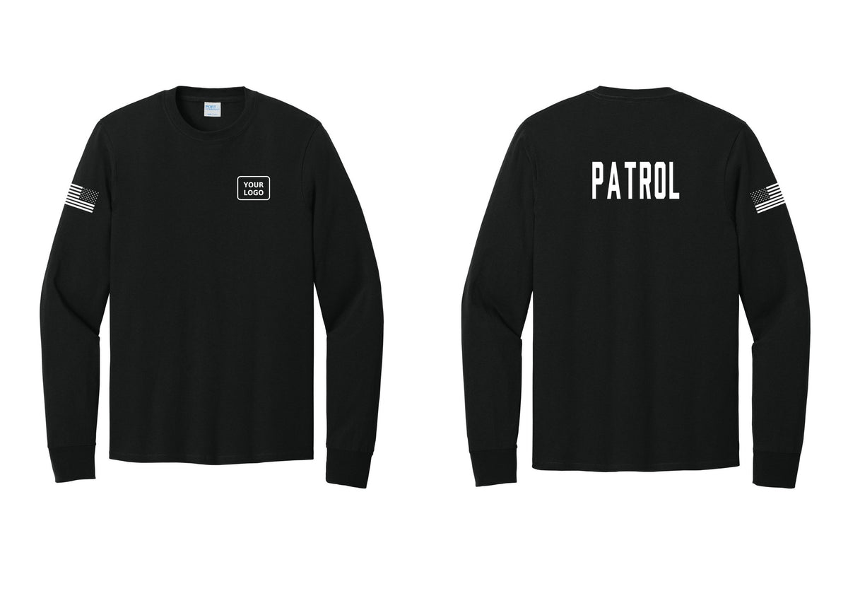 NYC Factory Custom Logo Patrol Cotton Long Sleeve T-Shirt (Classic) - Your Logo + Back + US Flag Sleeve - Black