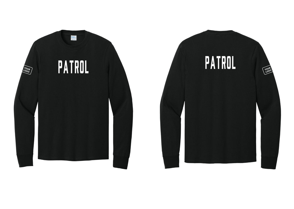 NYC Factory Custom Logo Patrol Cotton Long Sleeve T-Shirt (Classic) - Front + Back + Your Logo Sleeve - Black