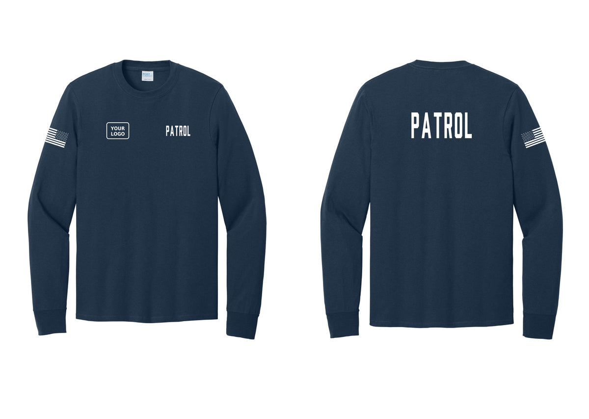 NYC Factory Custom Logo Patrol Cotton Long Sleeve T-Shirt (Classic) - PATROL + Your Logo + Back + US Flag Sleeve - Navy