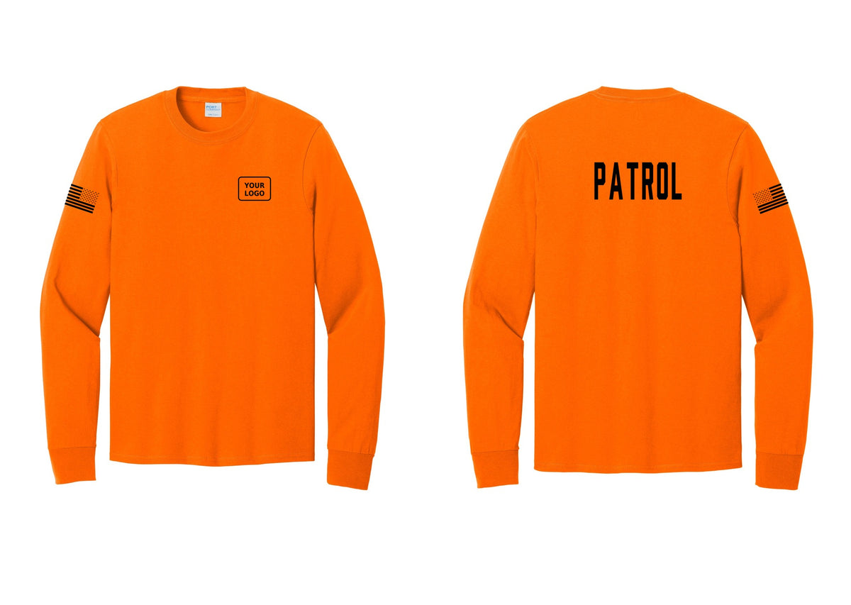 NYC Factory Custom Logo Patrol Cotton Long Sleeve T-Shirt (Classic) - Your Logo + Back + US Flag Sleeve - Safety Orange