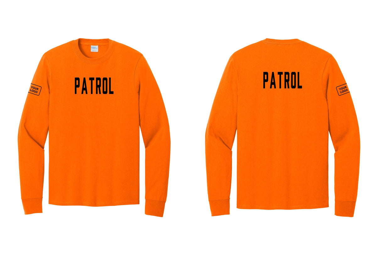 NYC Factory Custom Logo Patrol Cotton Long Sleeve T-Shirt (Classic) - Front + Back + Your Logo Sleeve - Safety Orange
