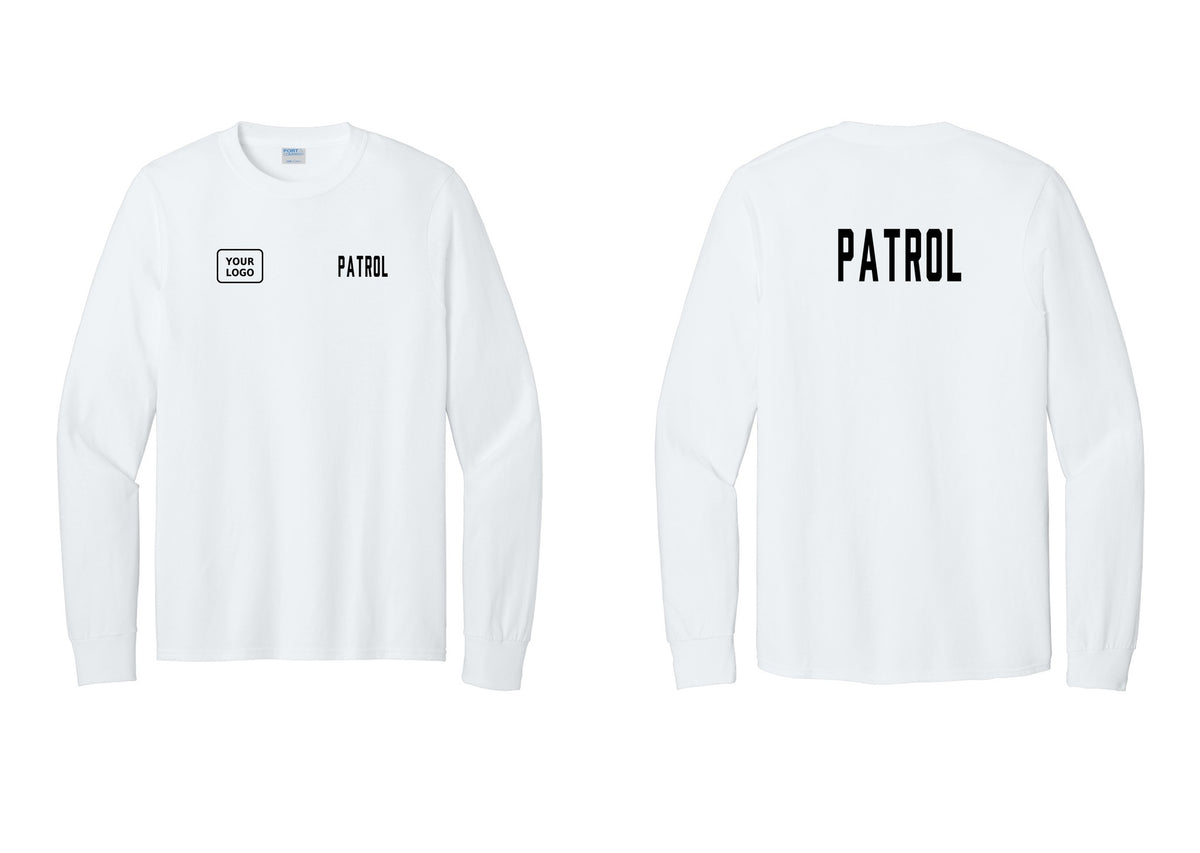 NYC Factory Custom Logo Patrol Cotton Long Sleeve T-Shirt (Classic) - PATROL + Your Logo + Back - White