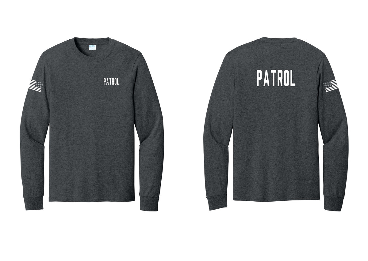 NYC Factory Patrol Cotton Long Sleeve T-Shirt (Classic) - Chest + Back + US Flag Sleeve - Dark Heather Grey