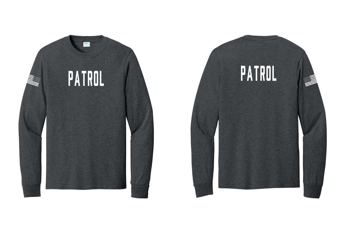 NYC Factory Patrol Cotton Long Sleeve T-Shirt (Classic) - Front + Back + US Flag Sleeve - Dark Heather Grey