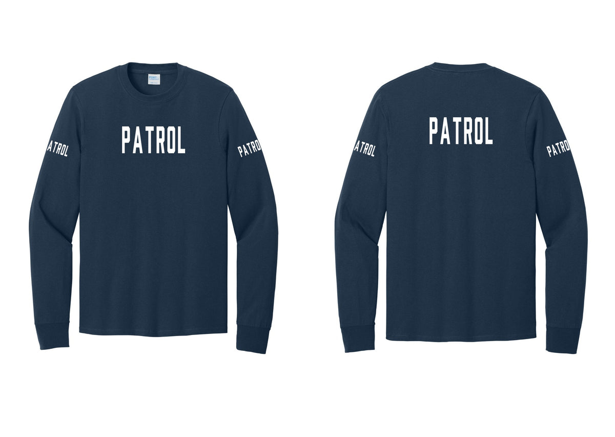 NYC Factory Patrol Cotton Long Sleeve T-Shirt (Classic) - Front + Back + Patrol Sleeves - Navy