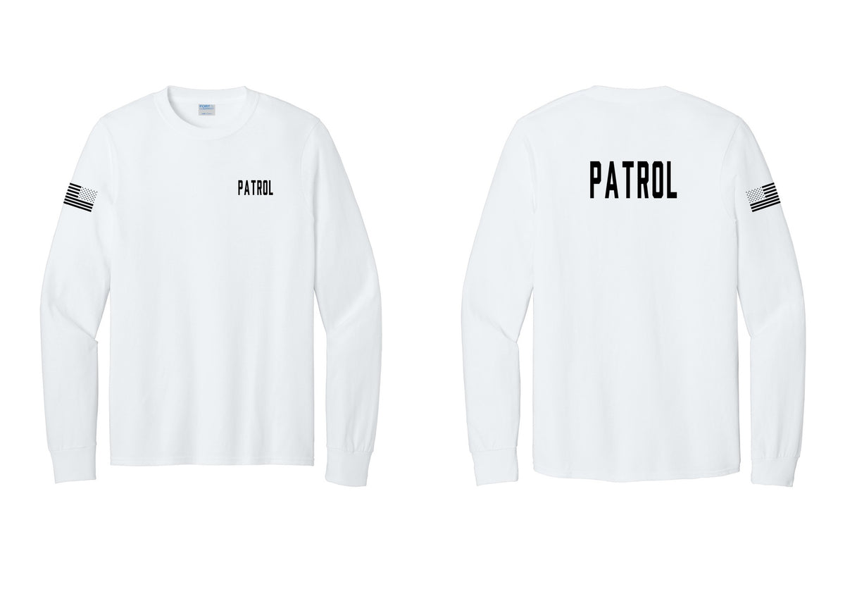 NYC Factory Patrol Cotton Long Sleeve T-Shirt (Classic) - Chest + Back + US Flag Sleeve - White