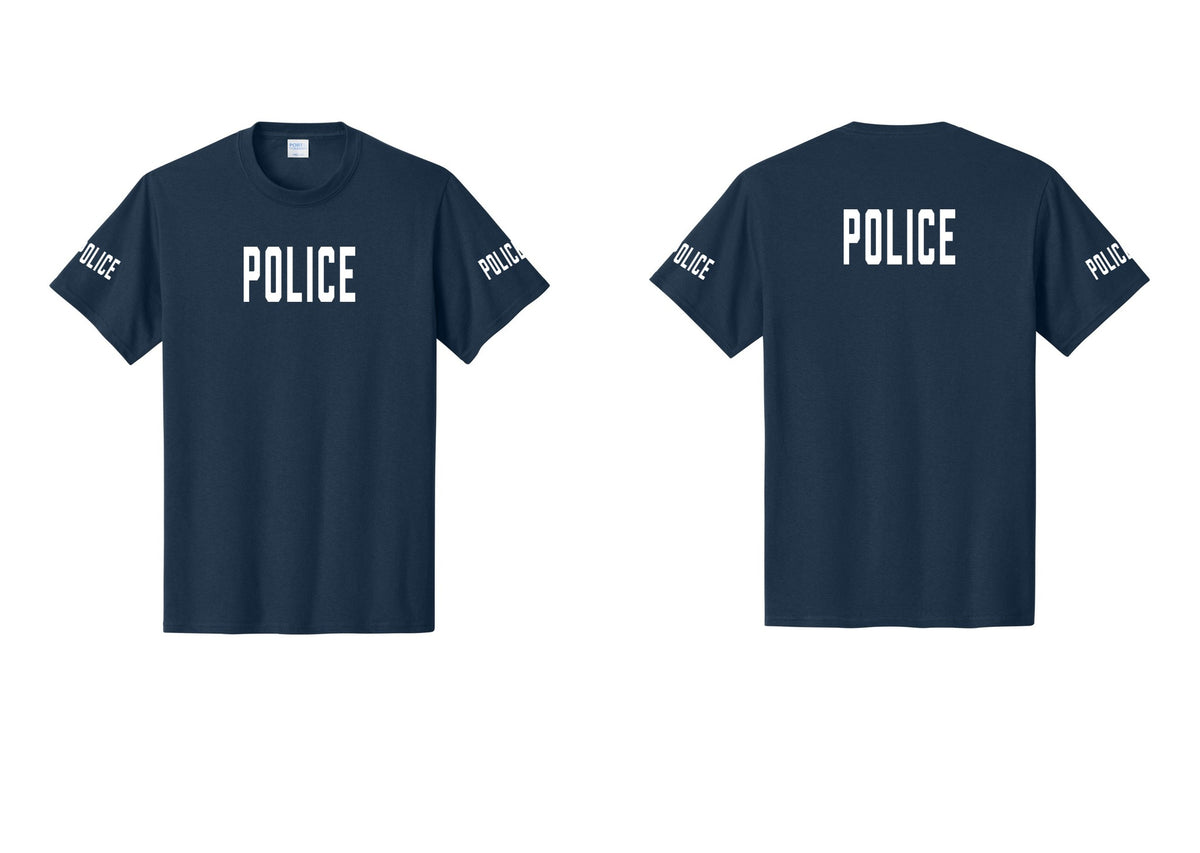 NYC Factory Police T-Shirt, Condensed Lettering - Front + Back + Police Sleeves - Navy