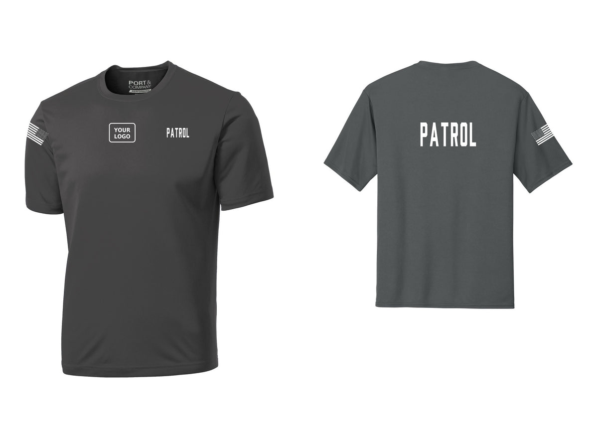 NYC Factory Custom Logo Patrol Performance T-Shirt (Classic) - PATROL + Your Logo + Back + US Flag Sleeve - Charcoal