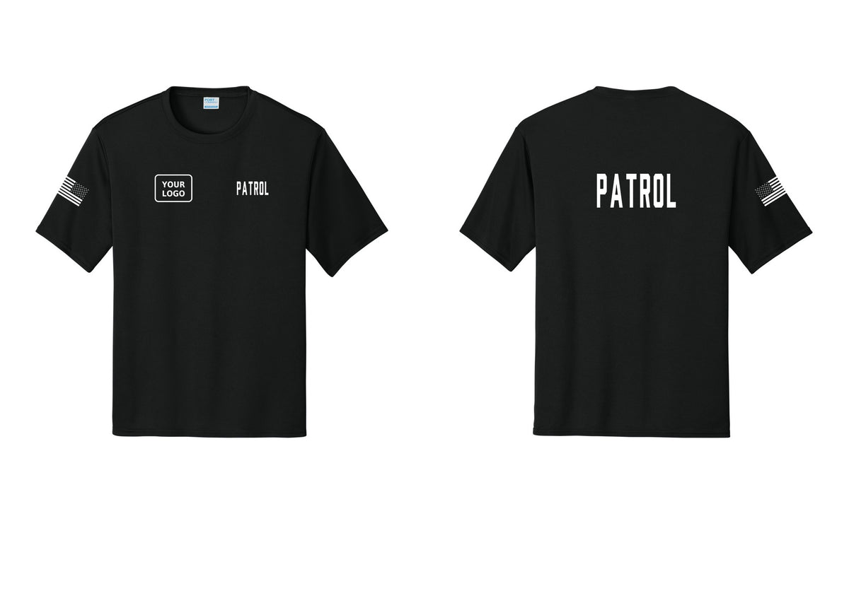 NYC Factory Custom Logo Patrol Performance T-Shirt (Classic) - PATROL + Your Logo + Back + US Flag Sleeve - Black