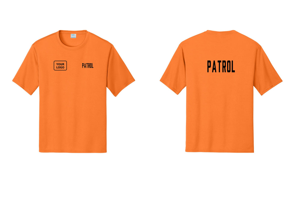 NYC Factory Custom Logo Patrol Performance T-Shirt (Classic) - PATROL + Your Logo + Back - Neon Orange