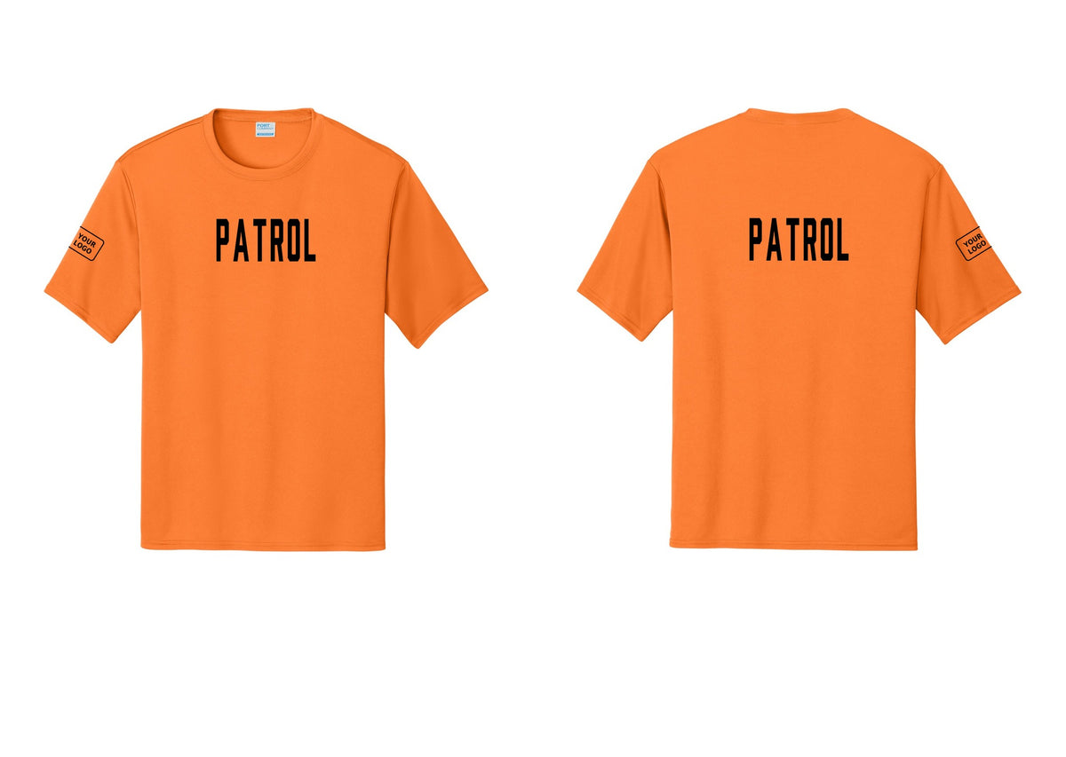 NYC Factory Custom Logo Patrol Performance T-Shirt (Classic) - Front + Back + Your Logo Sleeve - Neon Orange