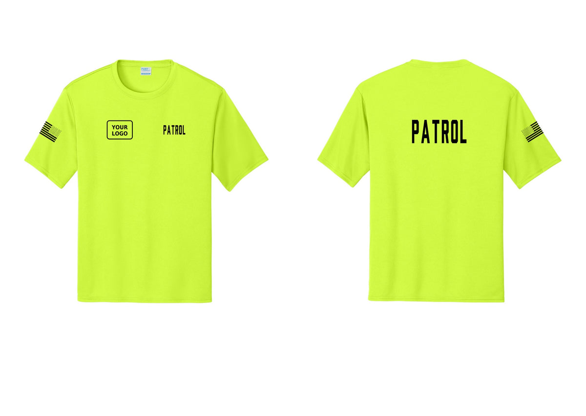 NYC Factory Custom Logo Patrol Performance T-Shirt (Classic) - PATROL + Your Logo + Back + US Flag Sleeve - Neon Yellow
