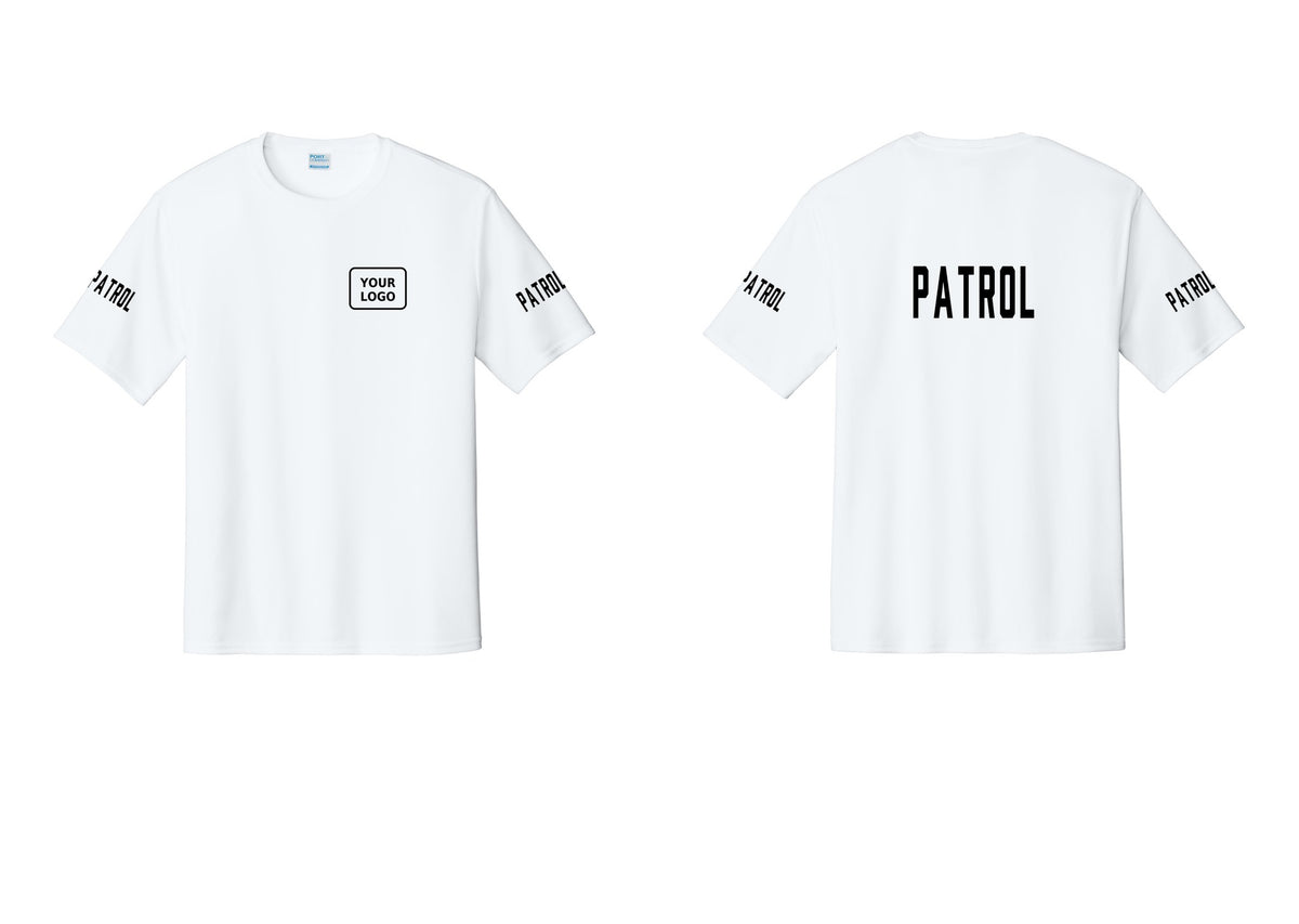 NYC Factory Custom Logo Patrol Performance T-Shirt (Classic) - Your Logo + Back + Patrol Sleeves - White