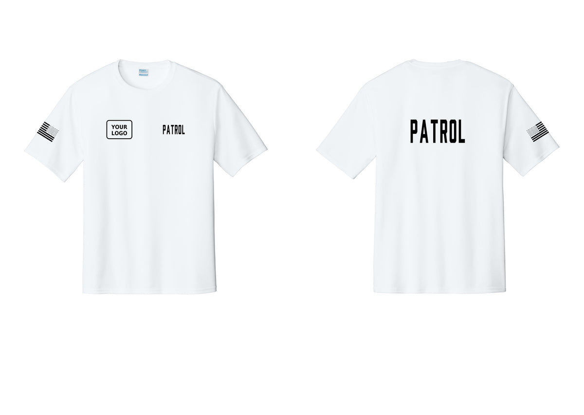 NYC Factory Custom Logo Patrol Performance T-Shirt (Classic) - PATROL + Your Logo + Back + US Flag Sleeve - White