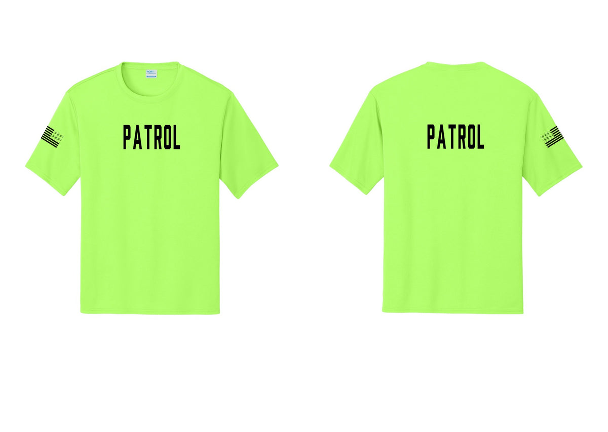NYC Factory Patrol Performance T-Shirt (Classic) - Front + Back + US Flag Sleeve - Neon Green