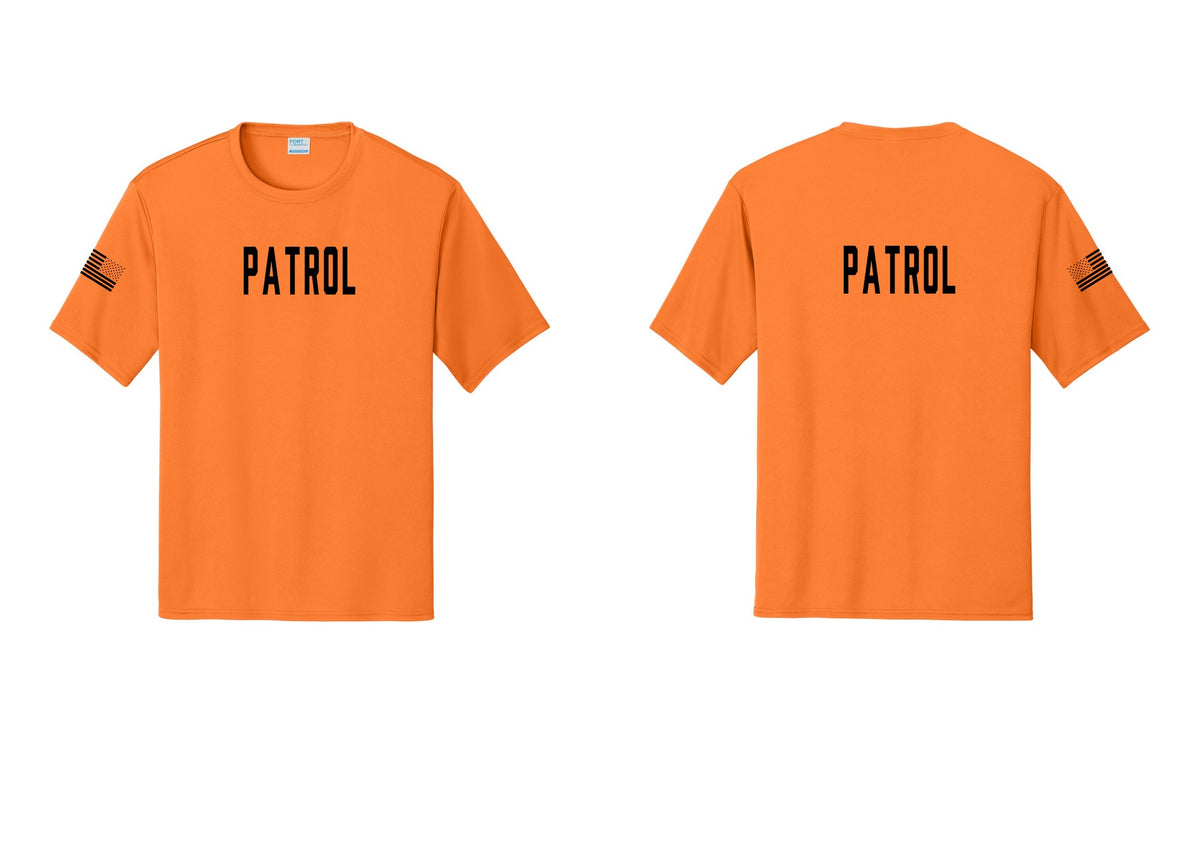 NYC Factory Patrol Performance T-Shirt (Classic) - Front + Back + US Flag Sleeve - Neon Orange