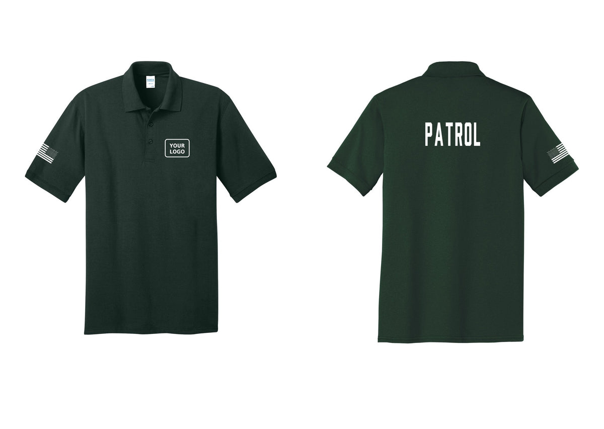 NYC Factory Custom Logo Patrol Polo Shirt (Classic) - Your Logo + Back + US Flag Sleeve - Dark Green