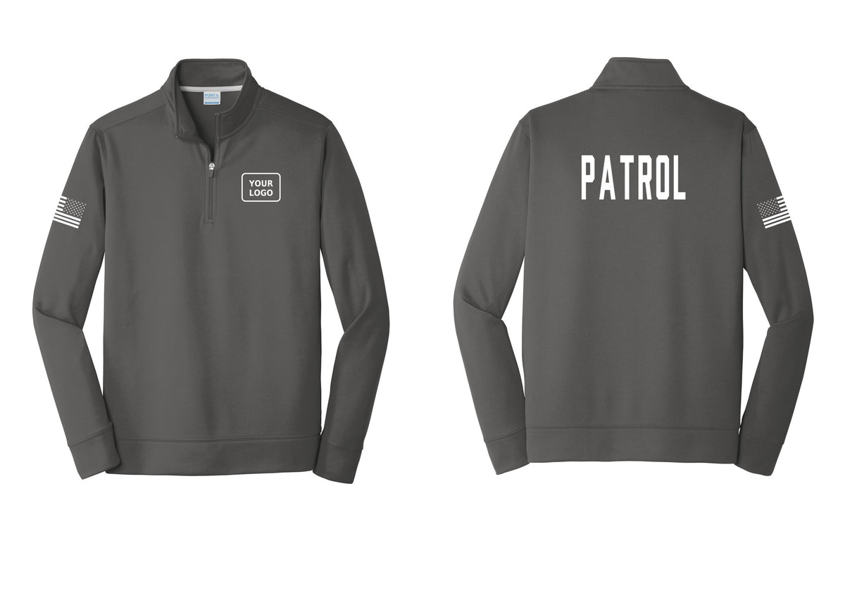 NYC Factory Custom Logo Patrol Performance Fleece 1/4-Zip Pullover Sweatshirt (Classic) - Your Logo + Back + US Flag Sleeve - Charcoal
