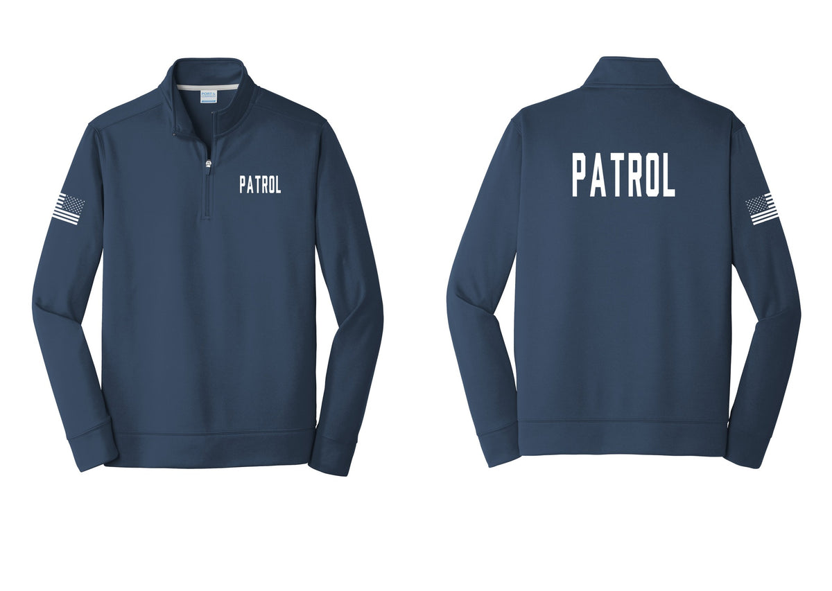 NYC Factory Patrol Performance Fleece 1/4-Zip Pullover Sweatshirt (Classic) - Chest + Back + US Flag Sleeve - Navy