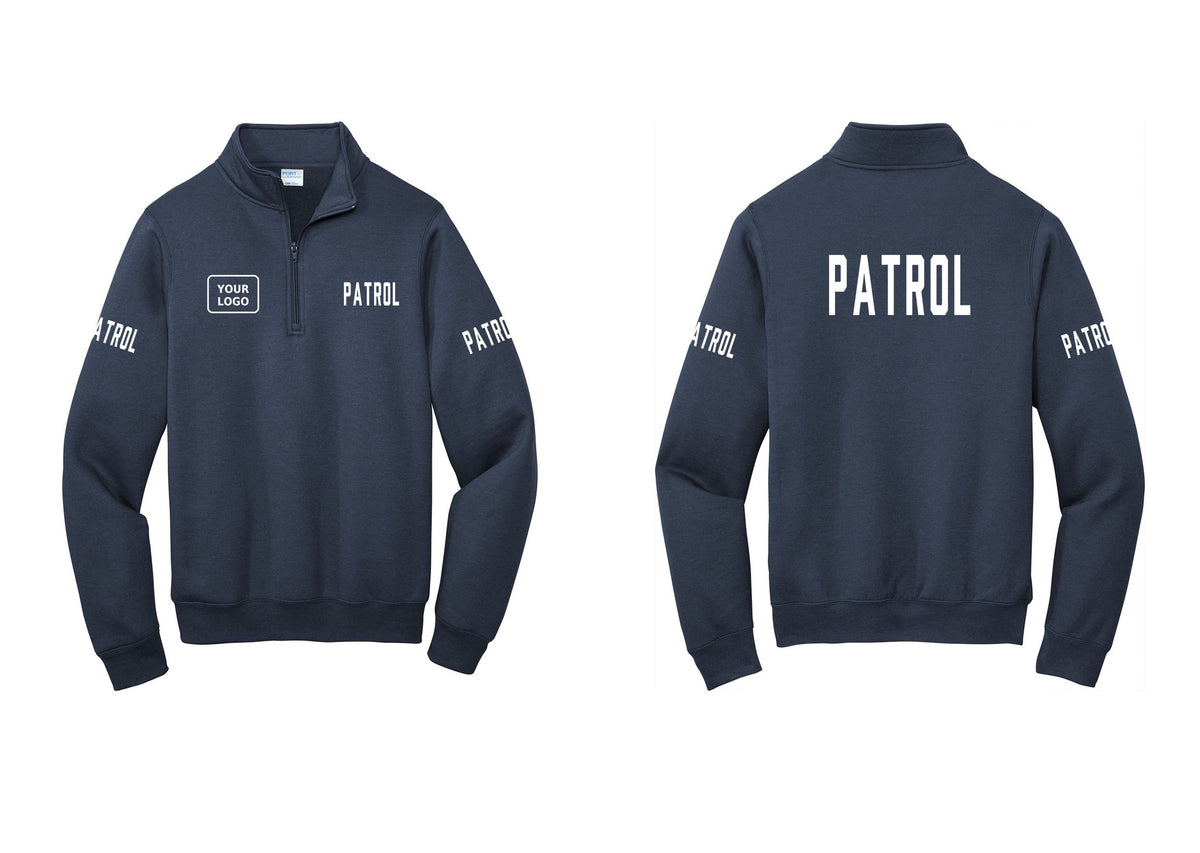 NYC Factory Custom Logo Patrol Cotton Fleece 1/4-Zip Pullover Sweatshirt (Classic) - PATROL + Your Logo + Back + Patrol Sleeves - Navy