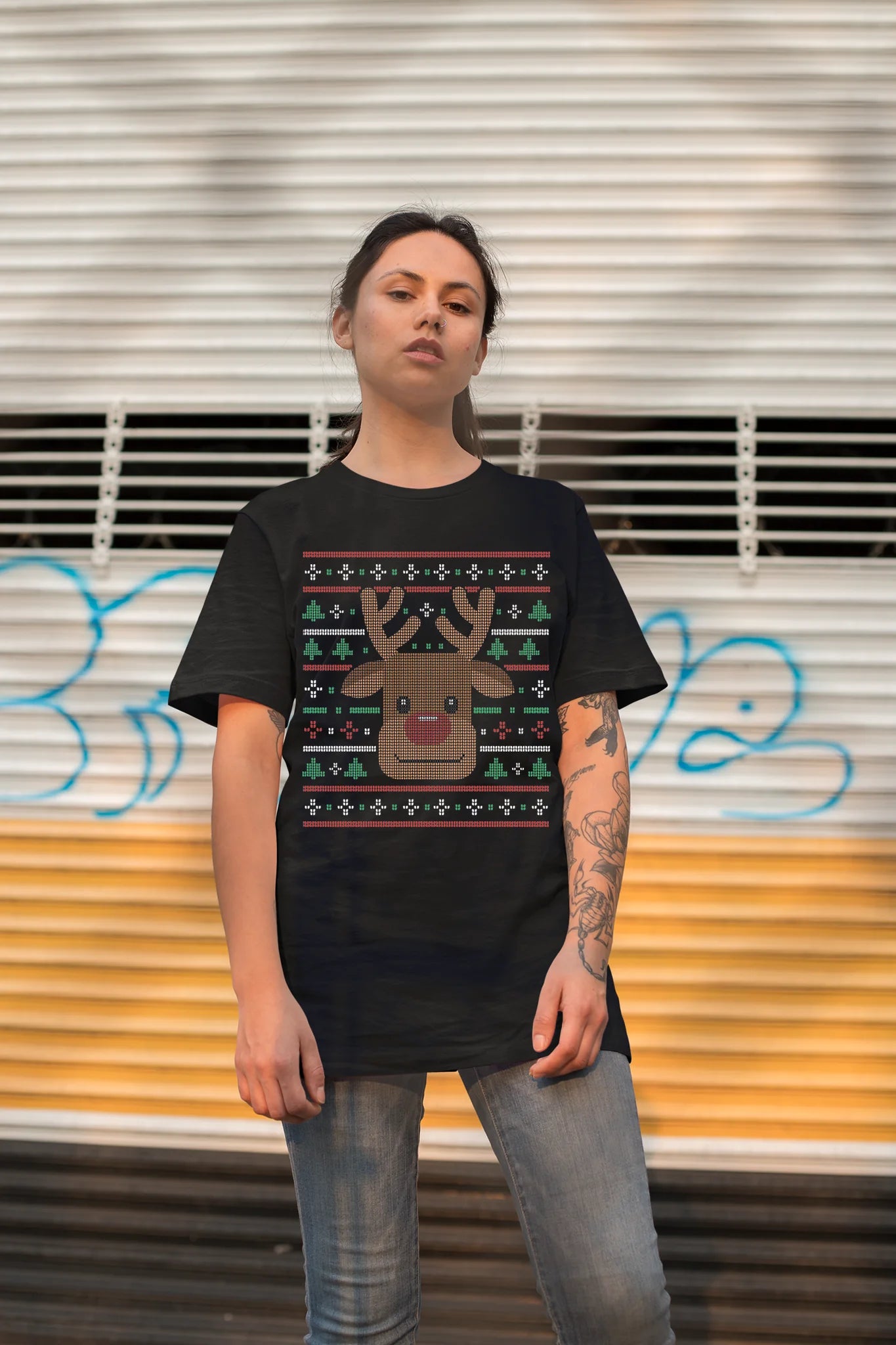 Ugly Xmas Reindeer Design Custom T-Shirt Black